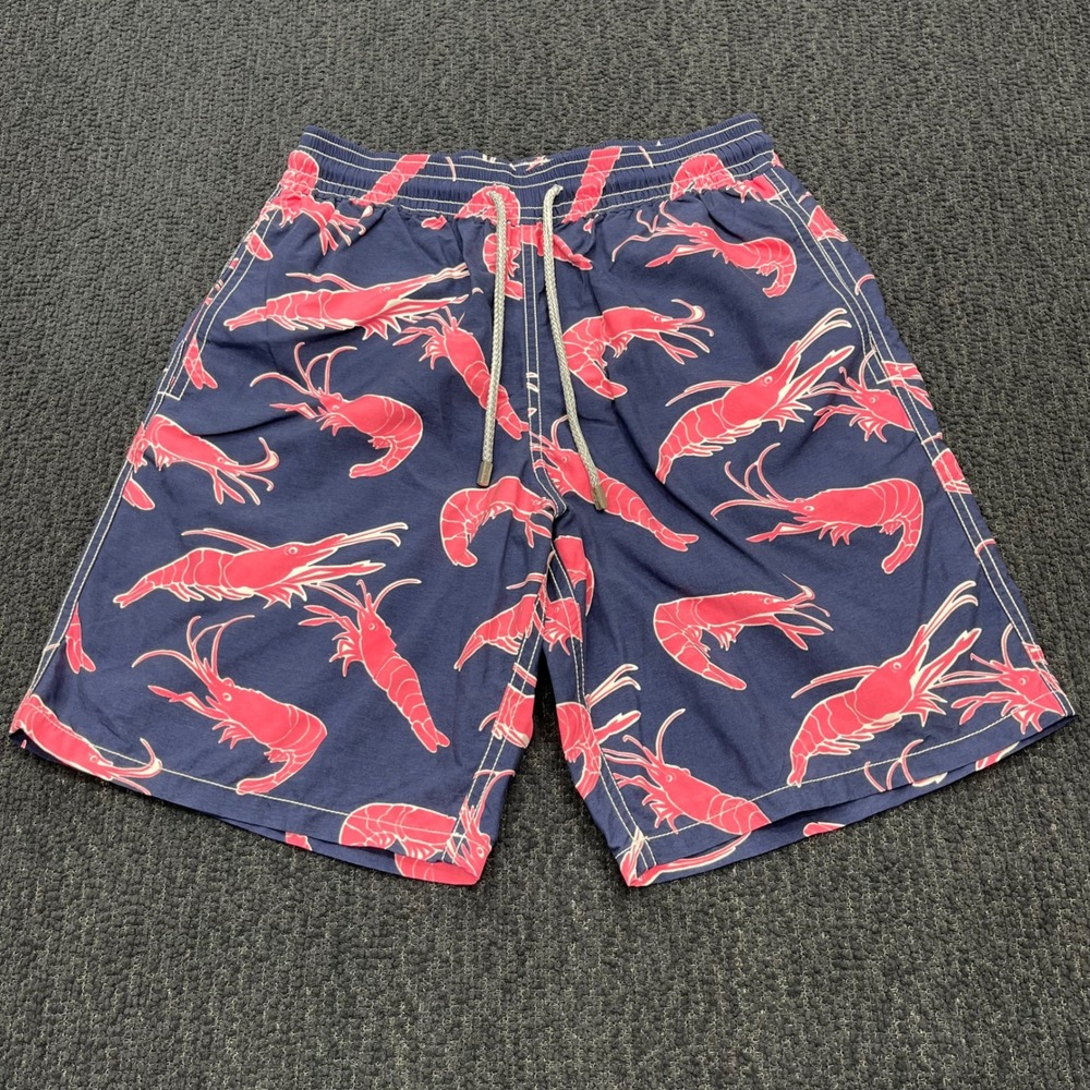 Vilebrequin Moorea Mens Navy Pink Shrimp Print Swim Trunks Size M Board Shorts